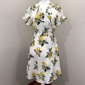 Eva Rose Women's M Lemon Novelty Print Summer Wrap Dress Flowy Ruffle Trim